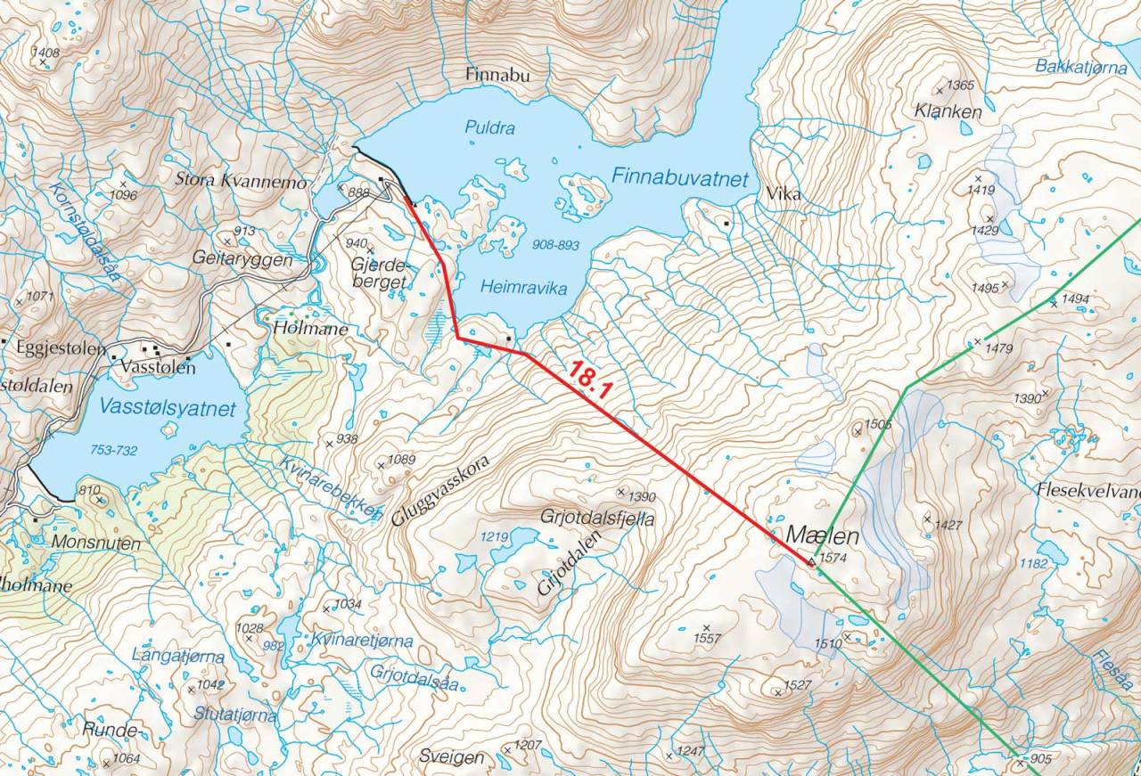 Kart over Mælen med inntegnet rute. Fra Toppturer i Sørvest.