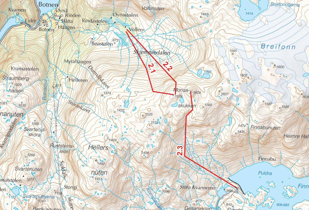 Kart over Monsaskukken med inntegnet rute. Fra Toppturer i Sørvest.