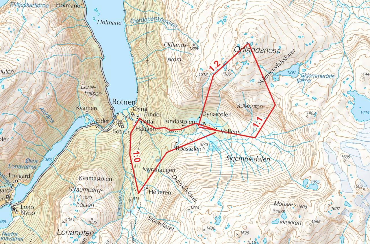 Kart over Odlandsnosa med inntegnet rute. Fra Toppturer i Sørvest.