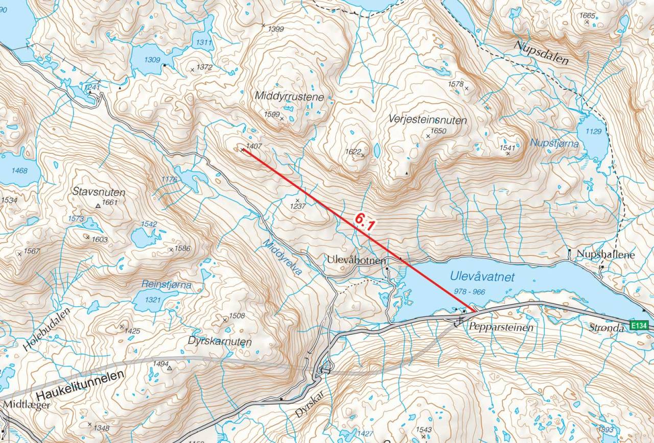 Kart over P1407 med inntegnet rute. Fra Toppturer i Sørvest