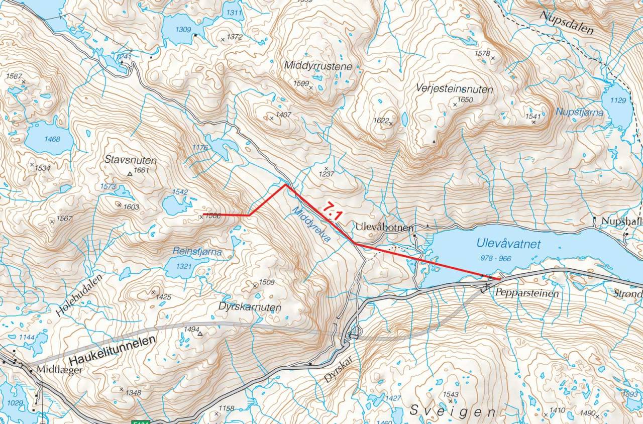 Kart over P1586 med inntegnet rute. Fra Toppturer i Sørvest.