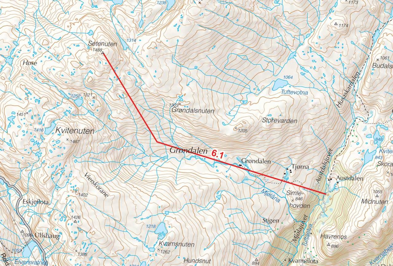 Kart over Setenuten med inntegnet rute. Fra Toppturer i Sørvest.