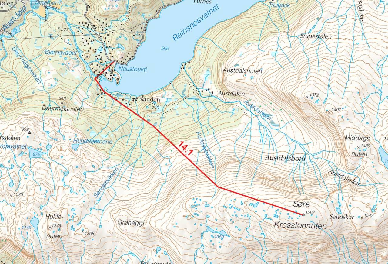 Kart over Søre Krossfonnuten med inntegnet rute. Toppturer i Sørvest.