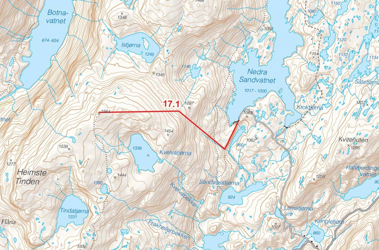 Kart over Søre Tinden med inntegnet rute. Fra Toppturer i Sørvest.
