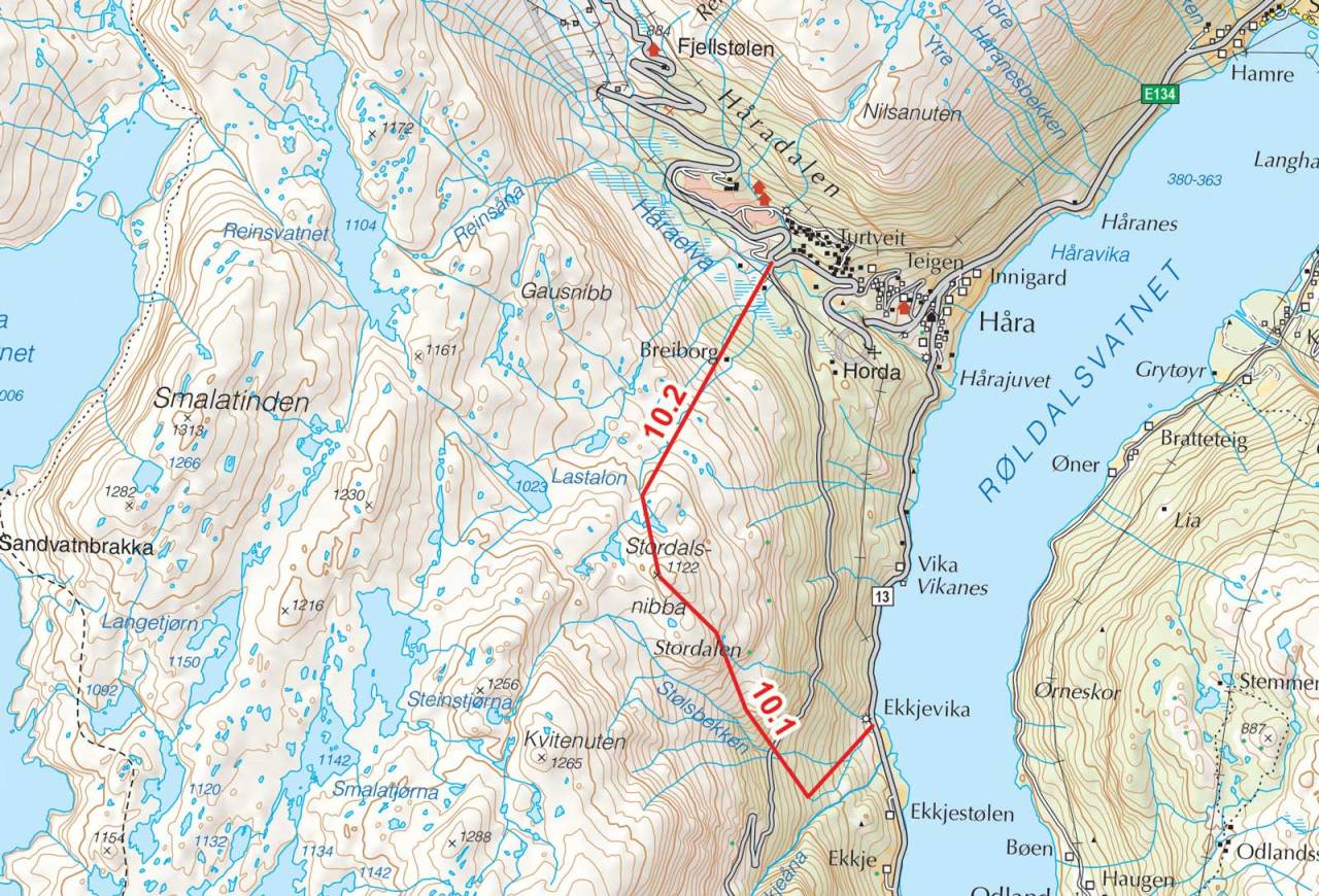 Kart over Stordalsnibba med inntegnet rute. Fra Toppturer i Sørvest.