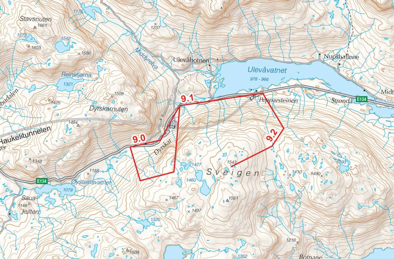 Kart over Sveigen med inntegnet rute. Fra Toppturer i Sørvest.