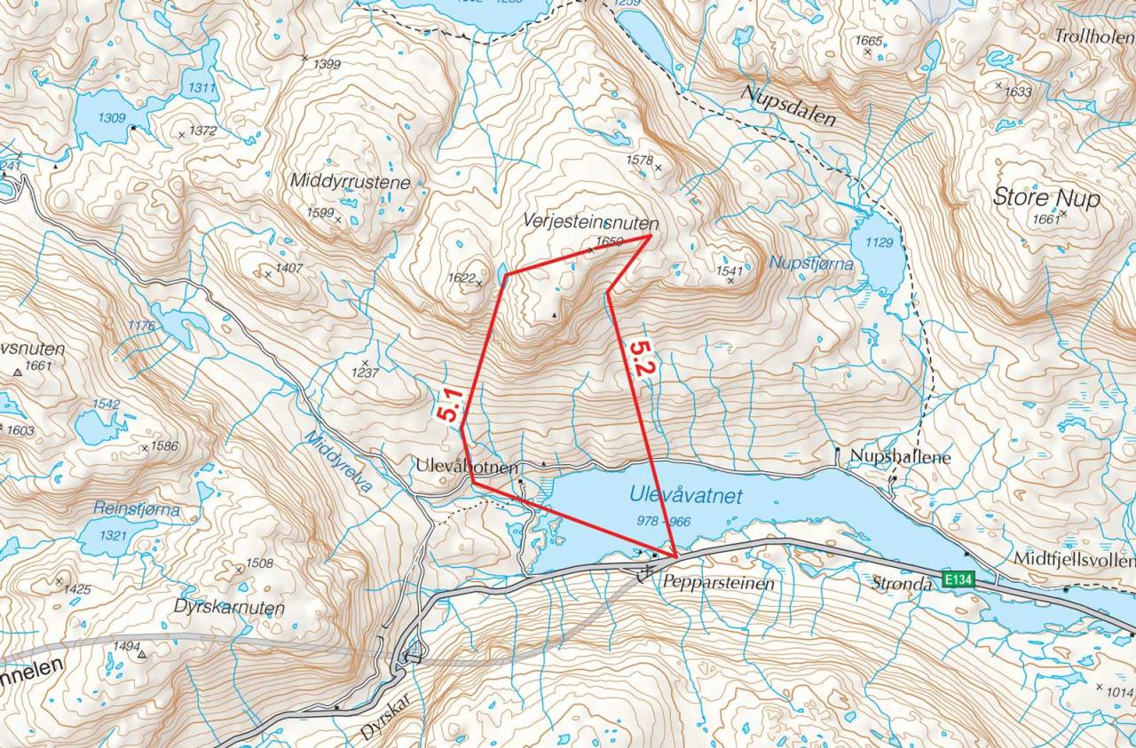 Kart over Verjesteinsnuten med inntegnet rute. Fra Toppturer i Sørvest.