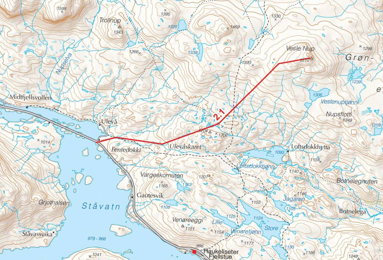 Kart over Vesle Nup med inntegnet rute. Fra Toppturer i Sørvest.