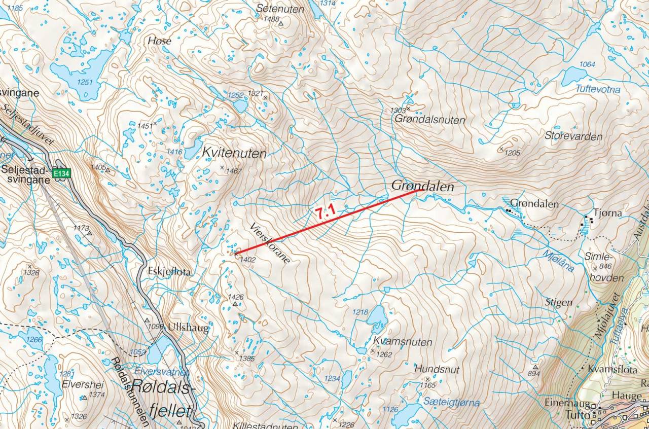 Kart over Vierskorsnuten med inntegnet rute. Fra Toppturer i Sørvest