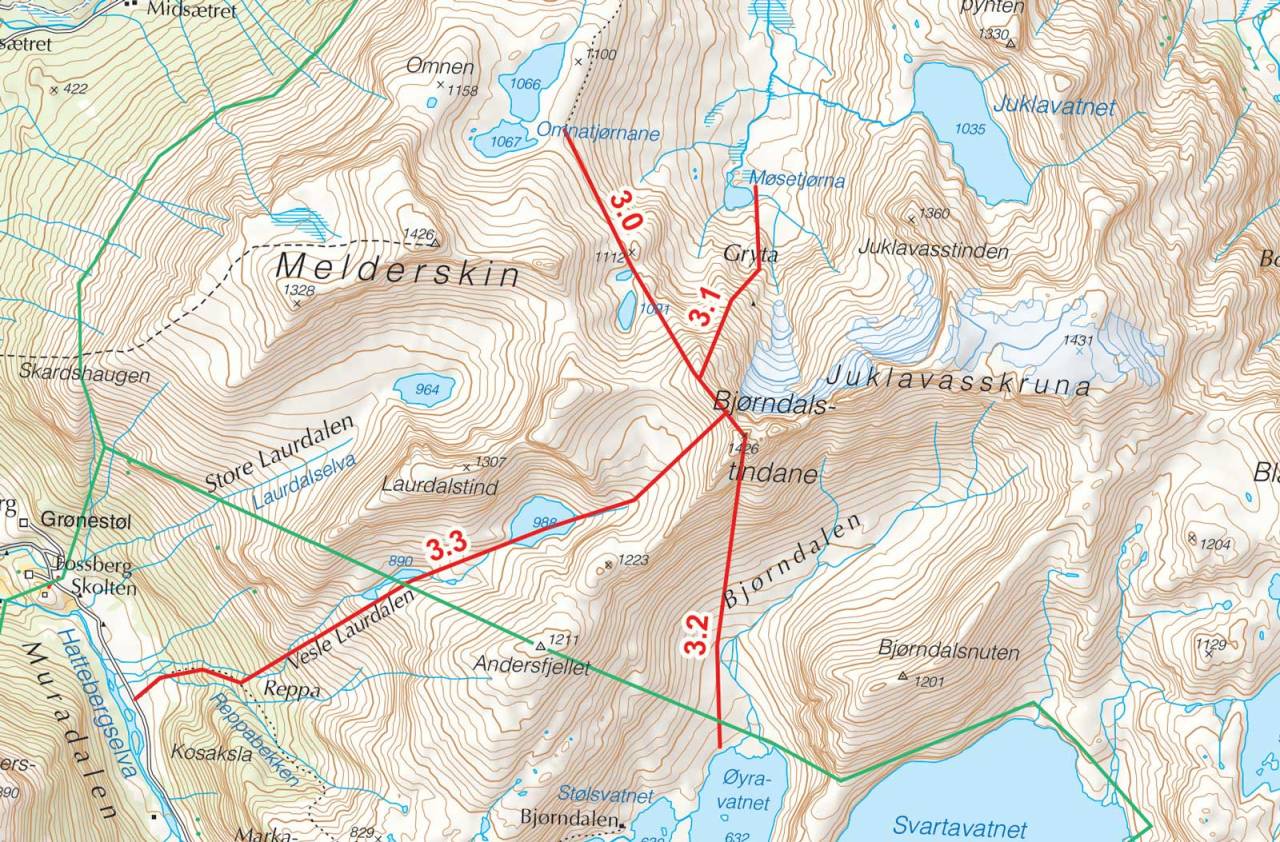Kart over Bjørdalstind med inntegnet rute. Fra Toppturer i Sørvest.
