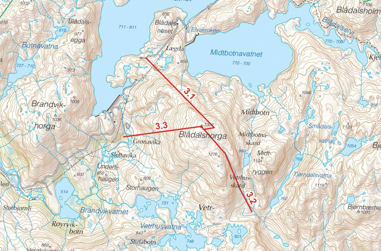 Kart over Blådalshorga med inntegnet rute. Fra Toppturer i Sørvest.