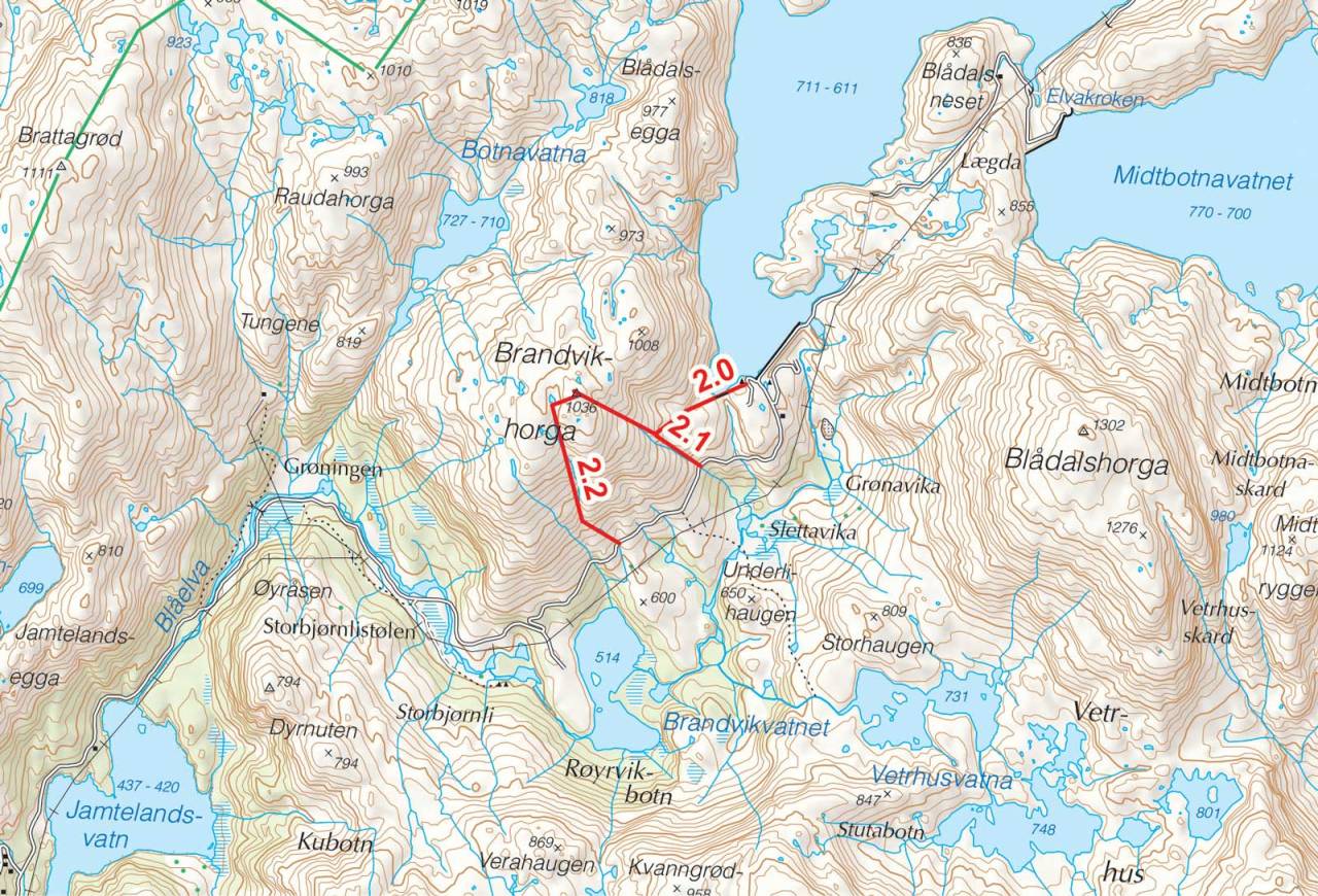 Kart over Brandvikshorga med inntegnet rute. Fra Toppturer i Sørvest.