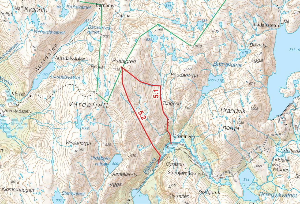 Kart over Brattagrød med inntegnet rute. Fra Toppturer i Sørvest.