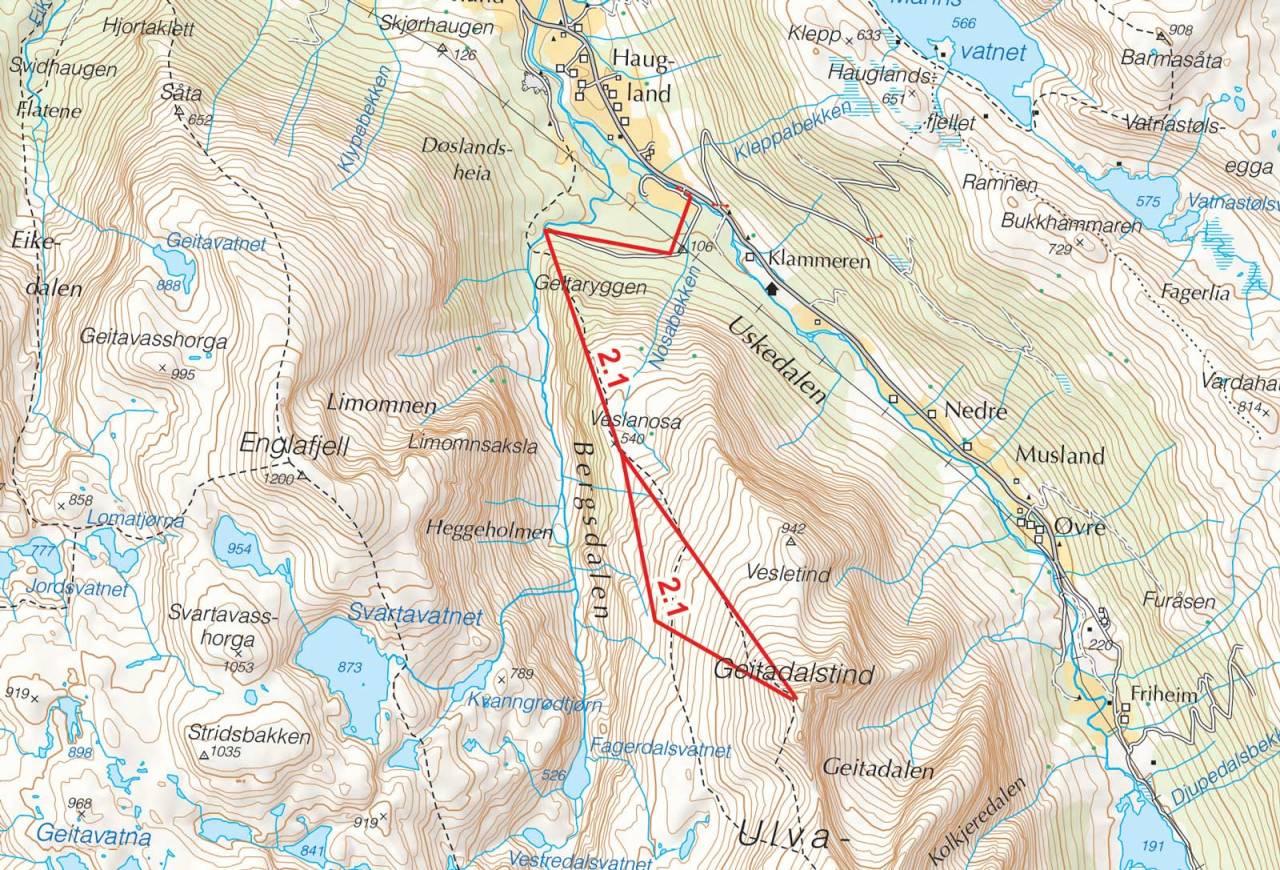Kart over Geitdalstind med inntegnet rute. Fra Toppturer i Sørvest.