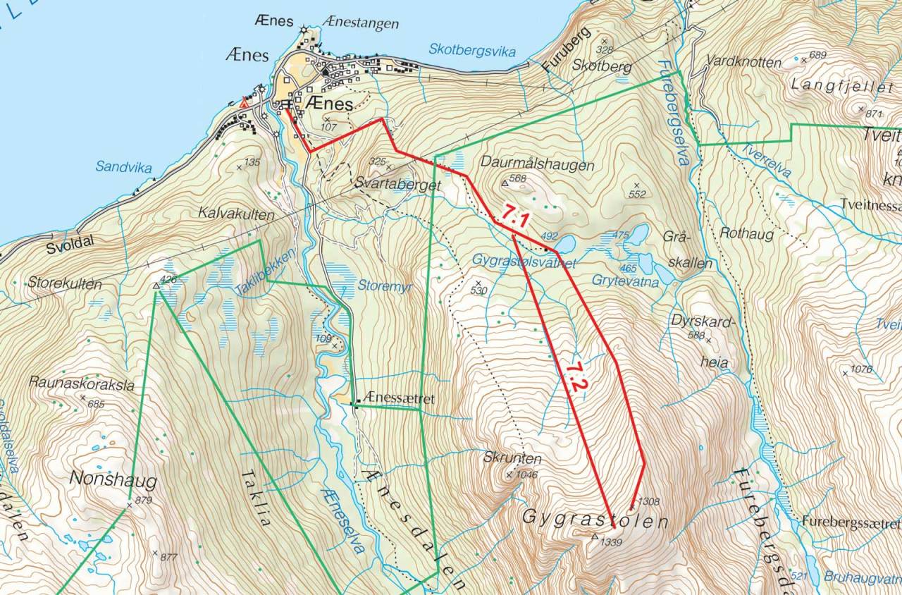 Kart over Gygrastolen med inntegnet rute. Fra Toppturer i Sørvest.