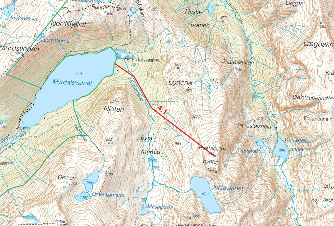 Kart over Hestabotnpynten med inntegnet rute. Fra Toppturer i Sørvest.