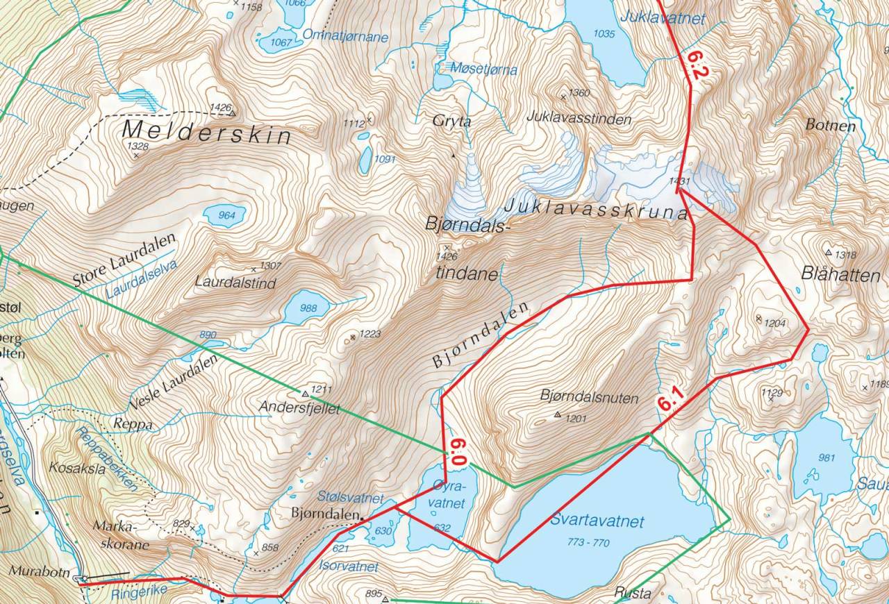 Kart over Juklavasskruna med inntegnet rute. Fra Toppturer i Sørvest.