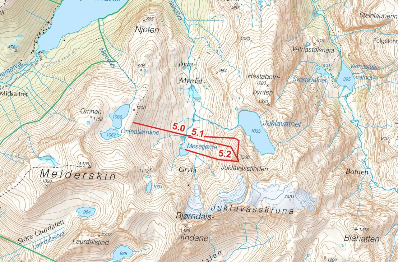 Kart over Juklavasstinden med inntegnet rute. Fra Toppturer i Sørvest.