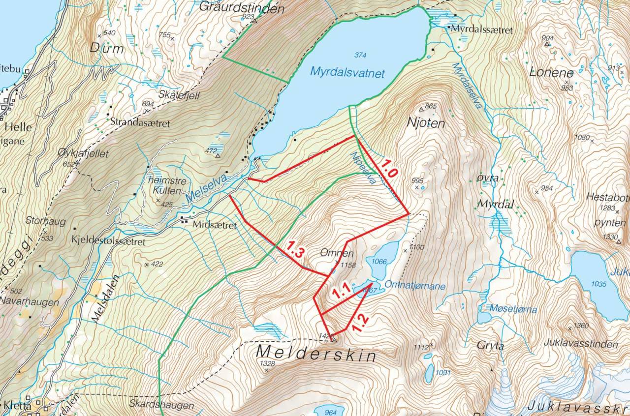 Kart over Melderskin med inntegnet rute. Fra Toppturer i Sørvest