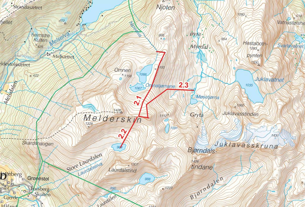 Kart over Omnatind med inntegnet rute. Fra Toppturer i Sørvest.