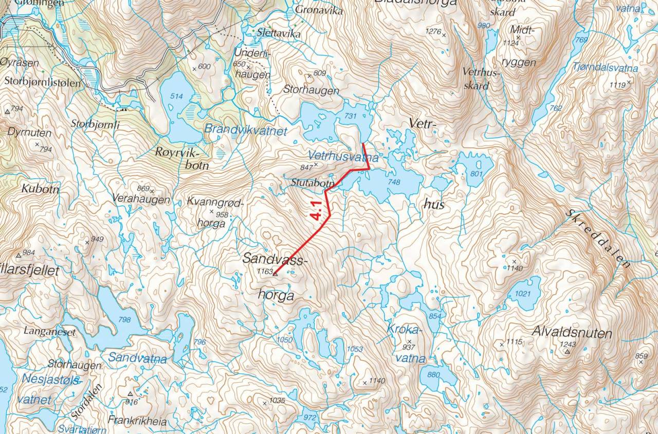 Kart over Sandvasshorga med inntegnet rute. Fra Toppturer i Sørvest.