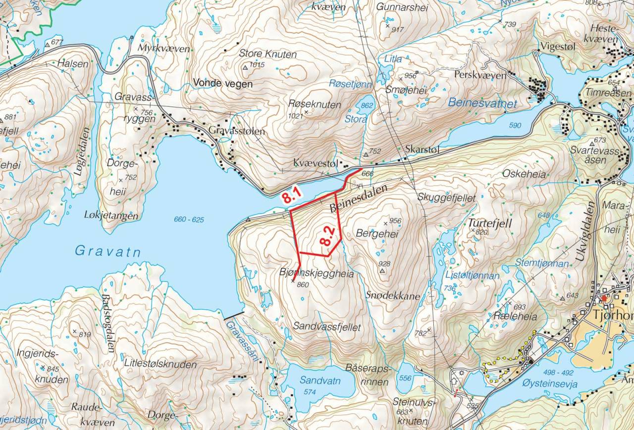 Kart over Bjønnskjeggheia og Bergehei med inntegnet rute. Fra Toppturer i Sørvest.
