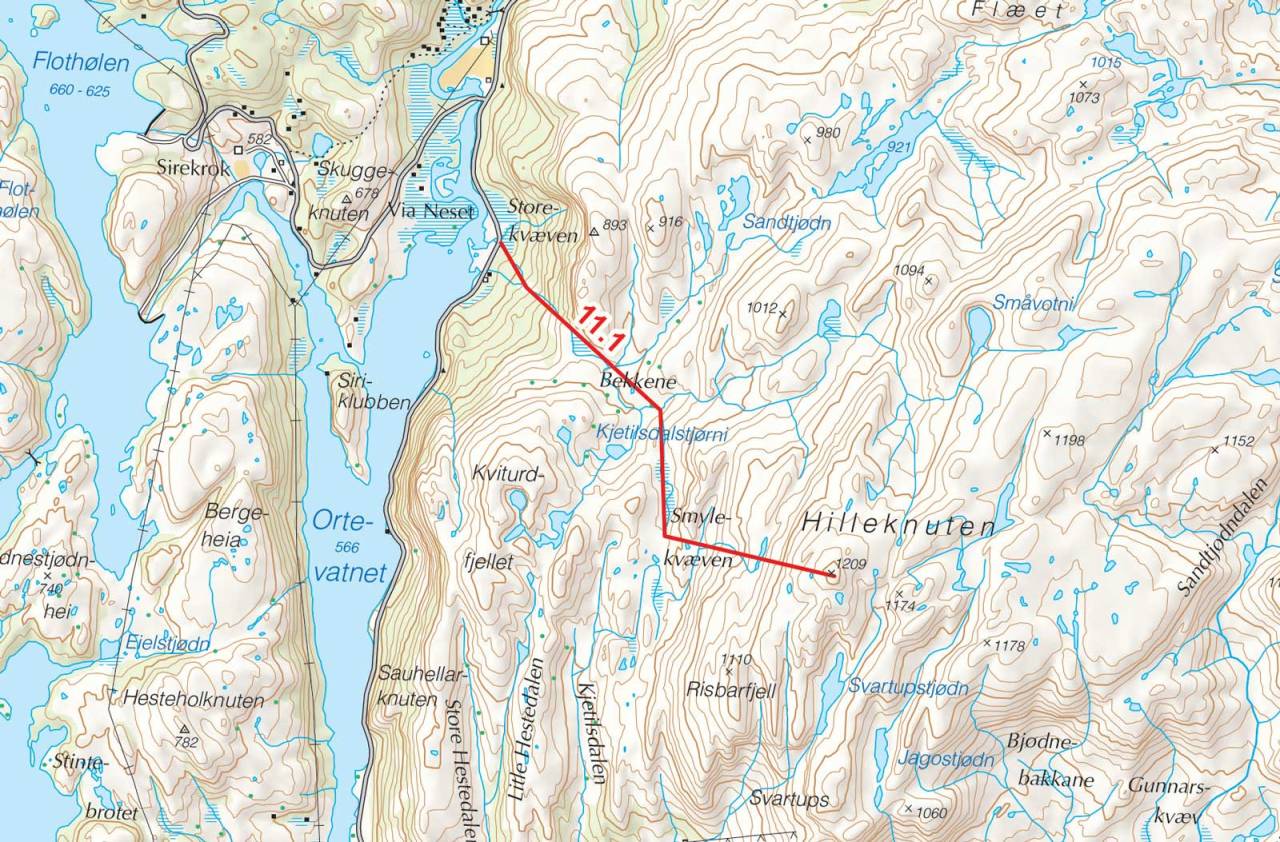 Kart over Hilleknuten med inntegnet rute. Fra Toppturer i Sørvest.