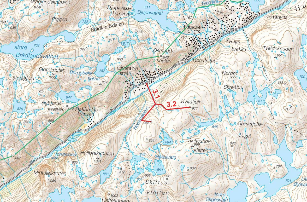 Kart over Kvitafjell med inntegnet rute. Fra Toppturer i Sørvest.