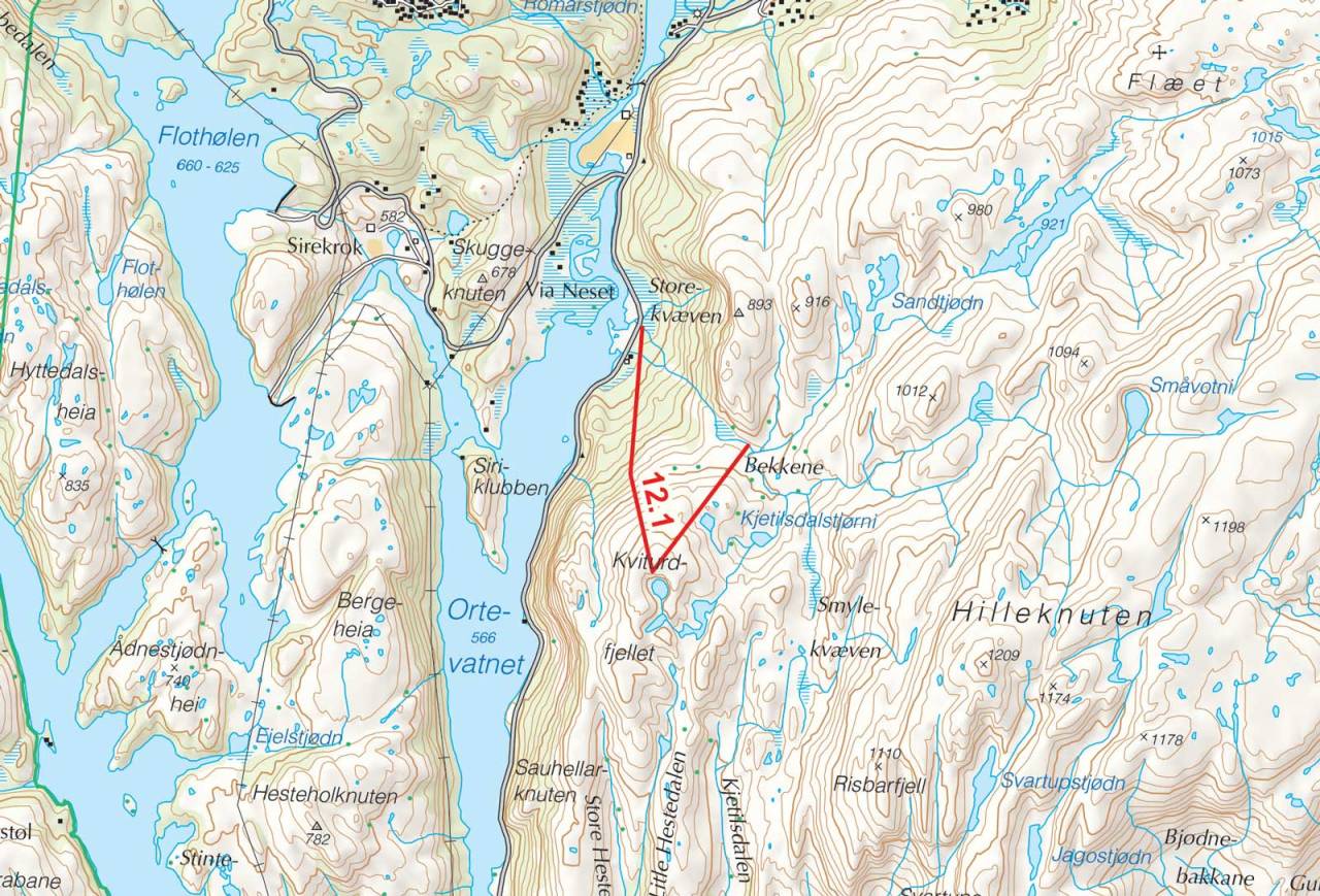 Kart over Kviturdfjellet med inntegnet rute. Fra Toppturer i Sørvest.