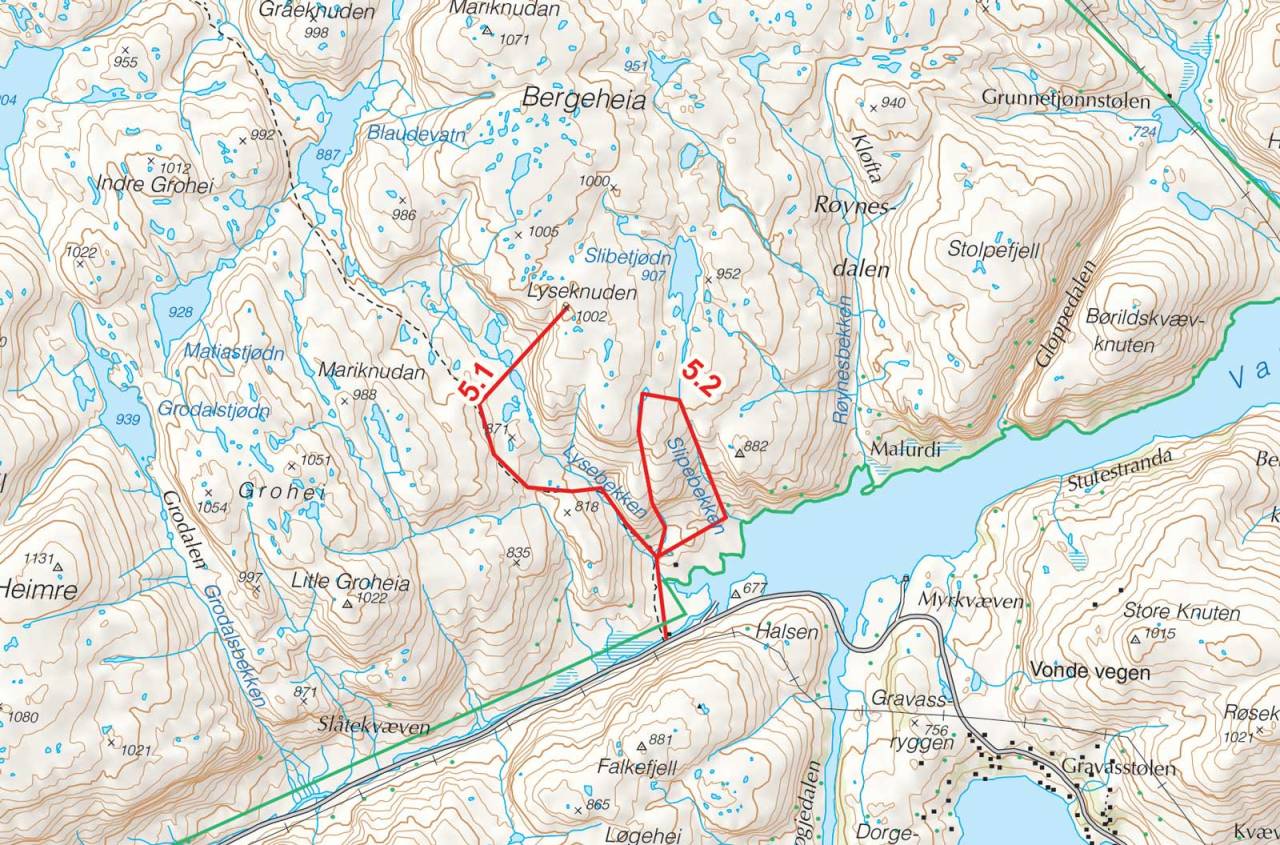 Kart over Lyseknuden med inntegnet rute. Fra Toppturer i Sørvest.