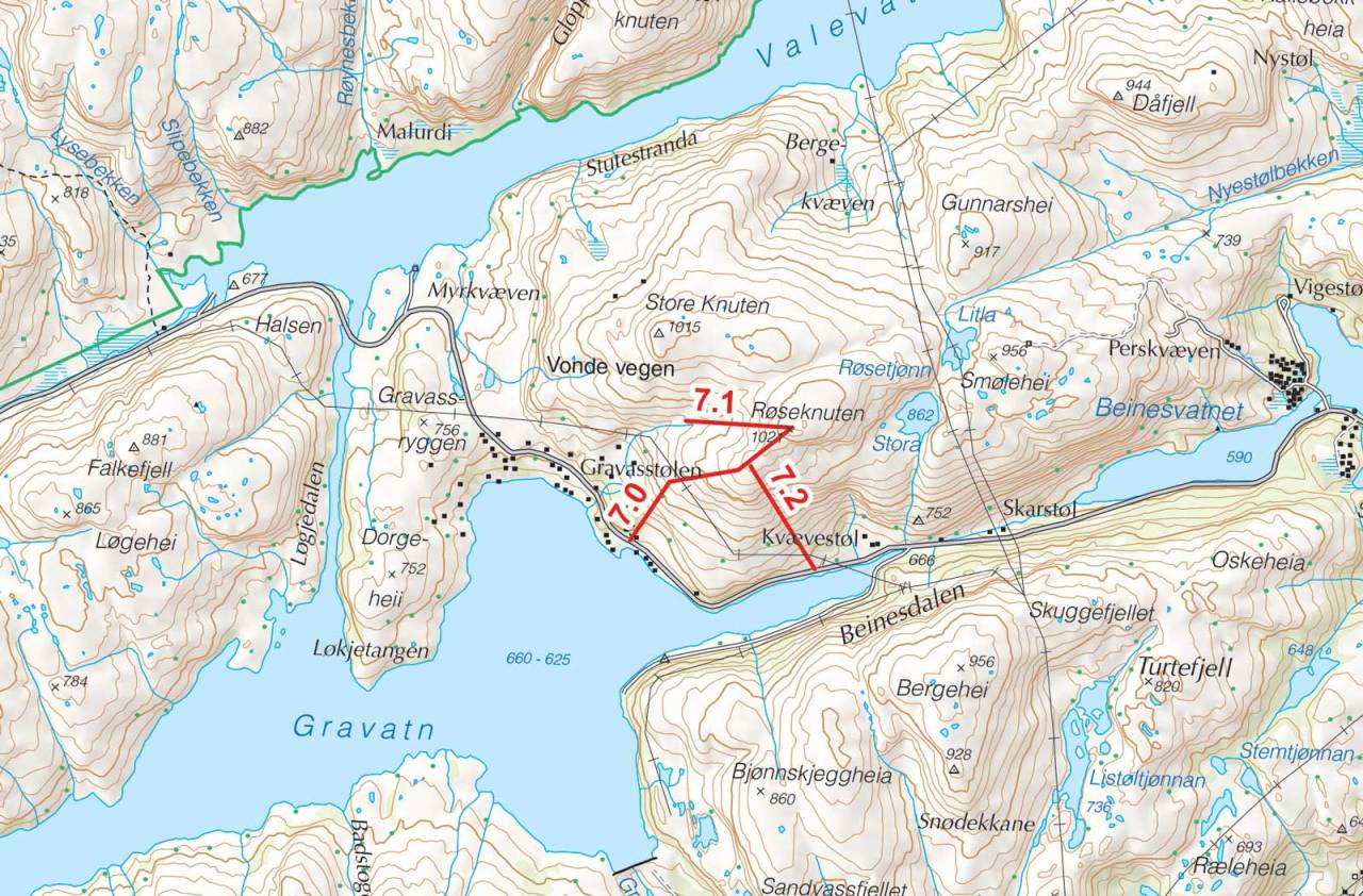 Kart over Røseknuten med inntegnet rute. Fra Toppturer i Sørvest.