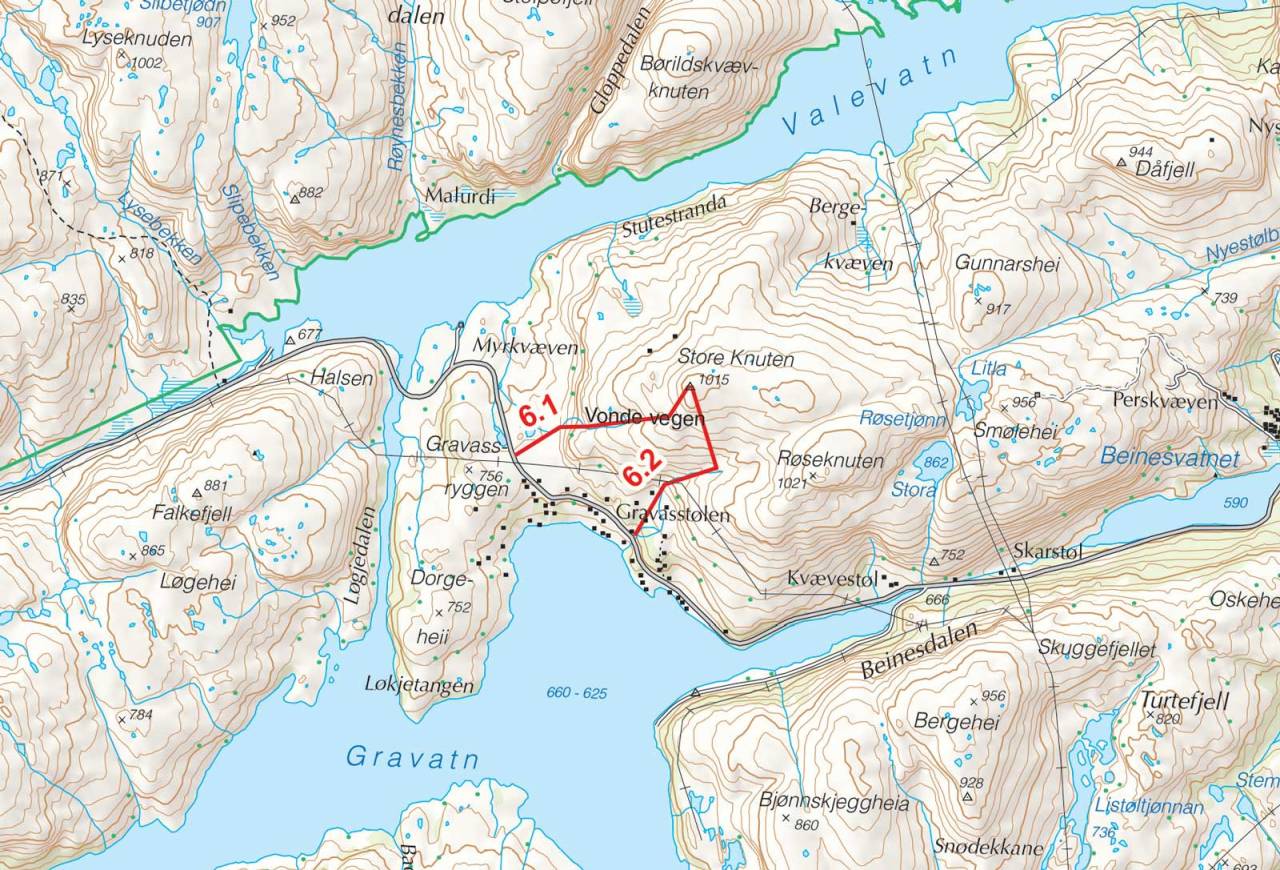 Kart over Store Knuten med inntegnet rute. Fra Toppturer i Sørvest.
