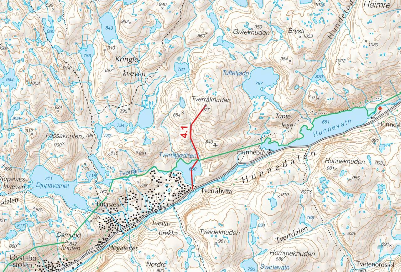 Kart over Tverråknuten med inntegnet rute. Fra Toppturer i Sørvest.