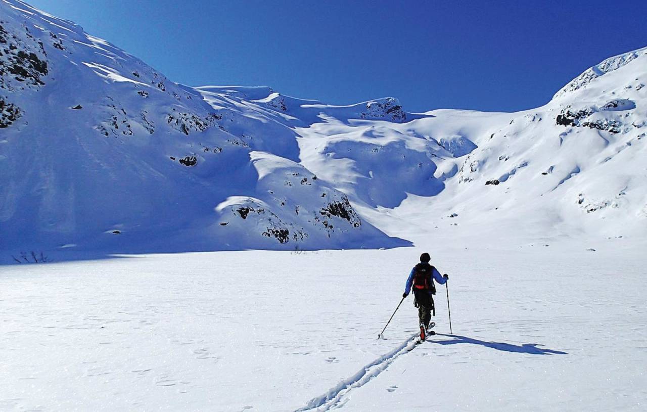 Fremst i Laugadalen. På veg mot Myrdalsbreen 9.1. Foto: Andreas Haslestad. / Toppturar i Sogn.