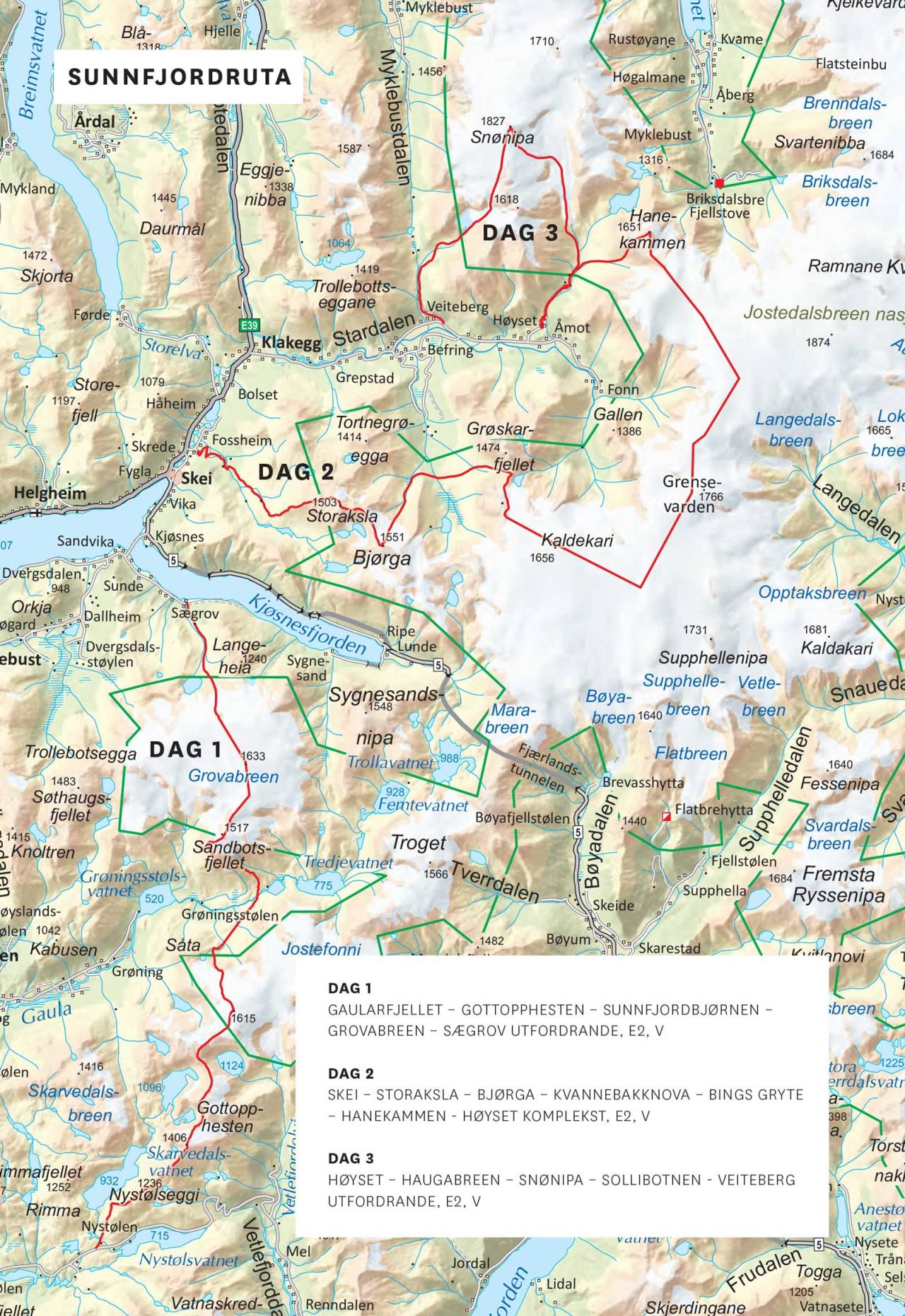 Kart med inntegnet rute av Sunnfjordruta. Frå Toppturar i Sunnfjord.
