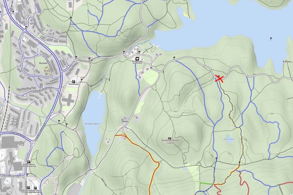 SLIK FINNER DU PIONEREN: Ved det røde krysset på dette kartet begynner stien.Skjermdump: mtbmap.no