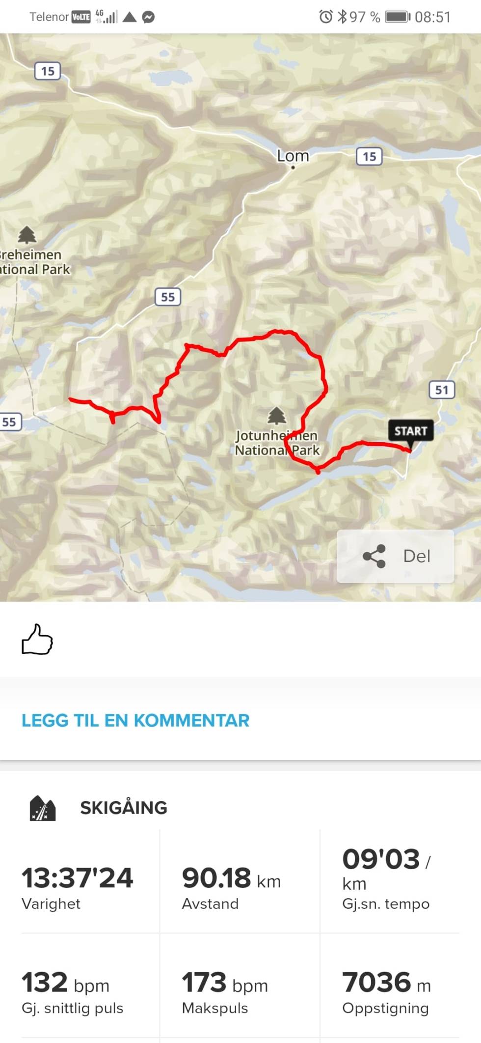 RUTA: Dette er ruten Fredheim gikk i helga. Foto: Privat Høgruta i Jotunheimen