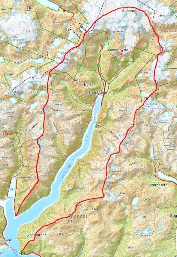 TUREN: Dette er turen som ble gått av Orrestad og Lapp. Foto: Geir Orrestad Fjærlandsfjorden rundt