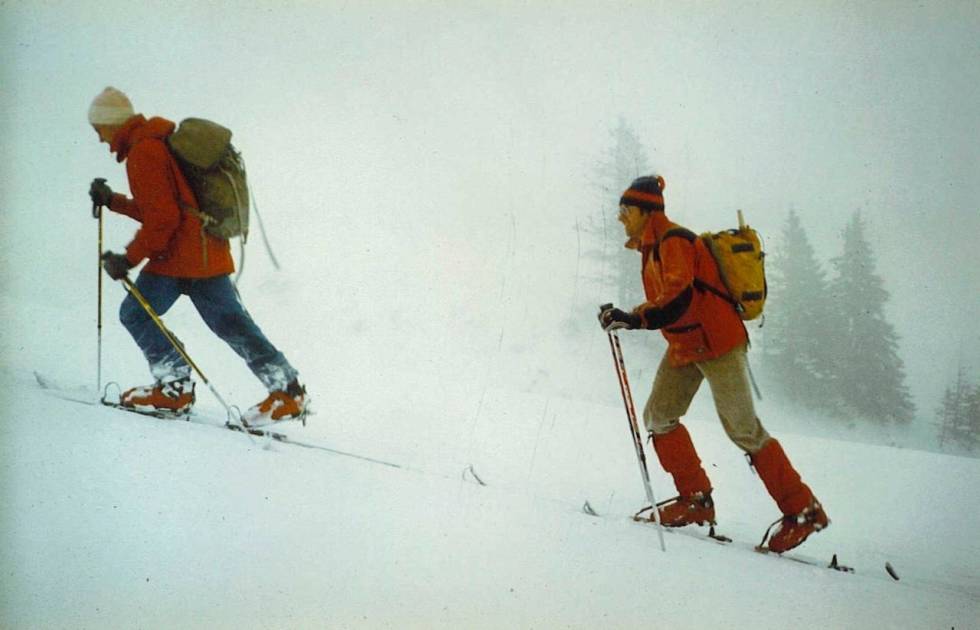 1984: Fritz Barthel tester sitt nye low tech-system på tur i Østerrike. 1984: Fritz Barthel tester sitt nye low tech-system på tur i Østerrike.
