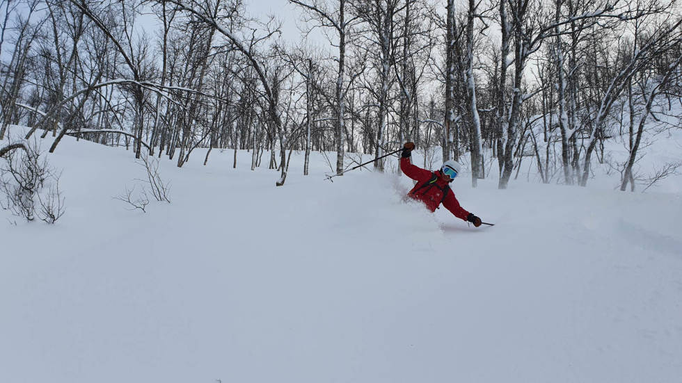 ildet er tatt på lørdag 6.3. Narvins sprekeste megler på bildet: sigve Wiik. Skredfare og dårlig sikt i høyden gjorde at vi dro i skogen. Der ventet 50cm nysnø på oss, så det var bare å forsyne seg! Foto: Kristian Pettersen Gratangsfjellet
