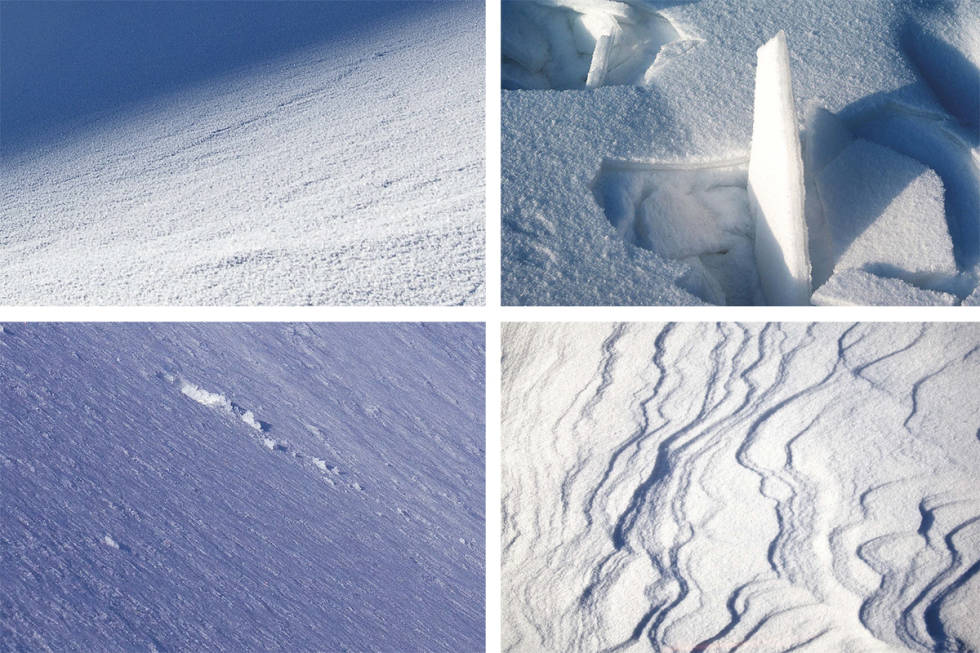 SNØTYPER: Alle former for snø krever en viss tilpassning i kjørestil og evt utstyrsvalg. (Fra øverst til venstre: puddersnø, skare, slusj og fokksnø Vanskelig skiforhold