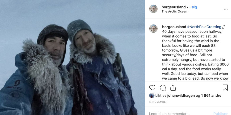 EKSPEDISJONEN: Mike Horn og Børge Ousland kommuniserer via Instagram underveis. Her etter 40 dager. Foto: Børge Ousland EKSPEDISJONEN: Mike Horn og Børge Ousland kommuniserer via Instagram underveis. Her etter 40 dager. Foto: Børge Ousland