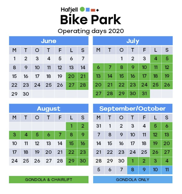 ÅPNINGSTIDER: Dette er åpningstidene til Hafjell Bike Park i 2020. Åpningstider Hafjell Bike Park 2020