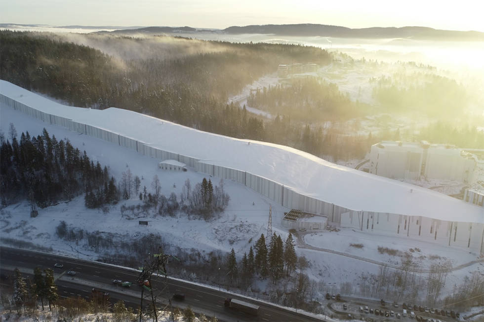 UTSIDEN: Slik ser SNØ ut fra luften. Foto: Morten Dybdahl / SNØ Utsiden av SNØ på Lørenskog