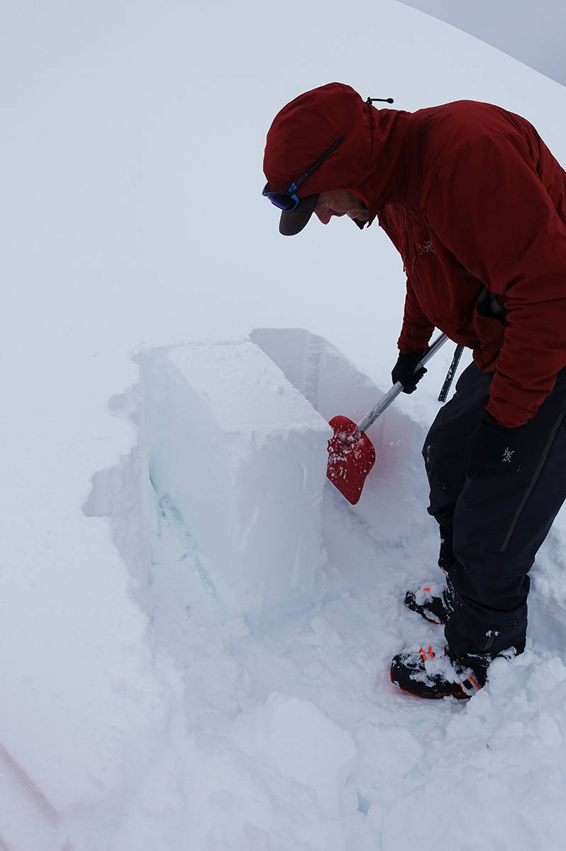 OVER HALVMETERN: I snøprofilen på ca 1200 moh i lesiden mot øst fant vi hele 55 centimeter nysnø! Foto: Tore Meirik Snøprofil Grøvelnebba