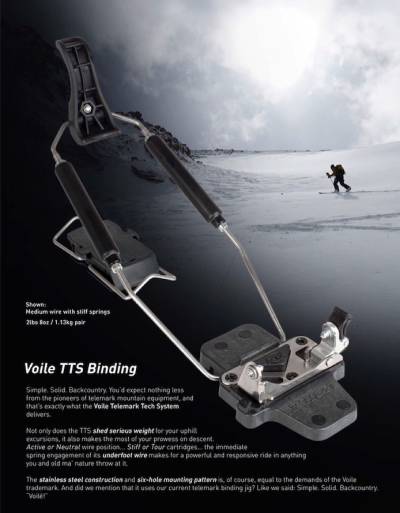 Lekket på nett: Annonse for Voiles nye telemarkbinding TTS. Voile TTS Telemark