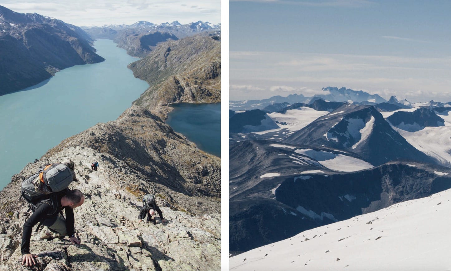 1. KLYVETUR: Lars Erik Hille klyver sakte men sikkert nedover den folksomme Besseggen. 2. LETT Å BEGEISTRE: Kvasse tinder og skitne brearmer er eksotisk nok for Irene. De har kun tre fjell over 1000 meter, og ingenting som kan minne om en isbre.