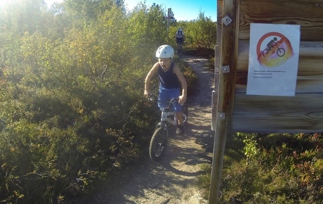 TULL: 5-åringen på vei tilbake etter å ha sykla på stien hvor sykling er «forbudt». Tre ganger passerte vi grupper med turgåere, to av de tre gruppene var barnefamilier, og hver gang var stemninga på topp. Foto: Tore Meirik 12-17-20_fancybox