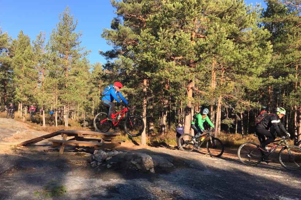 Hopp og sprett underveis. Foto: Trond Dyrnes Fellestur Sørmarka Stisykkelklubb jumps Oct 28-18 Trond Dyrnes 1400x933