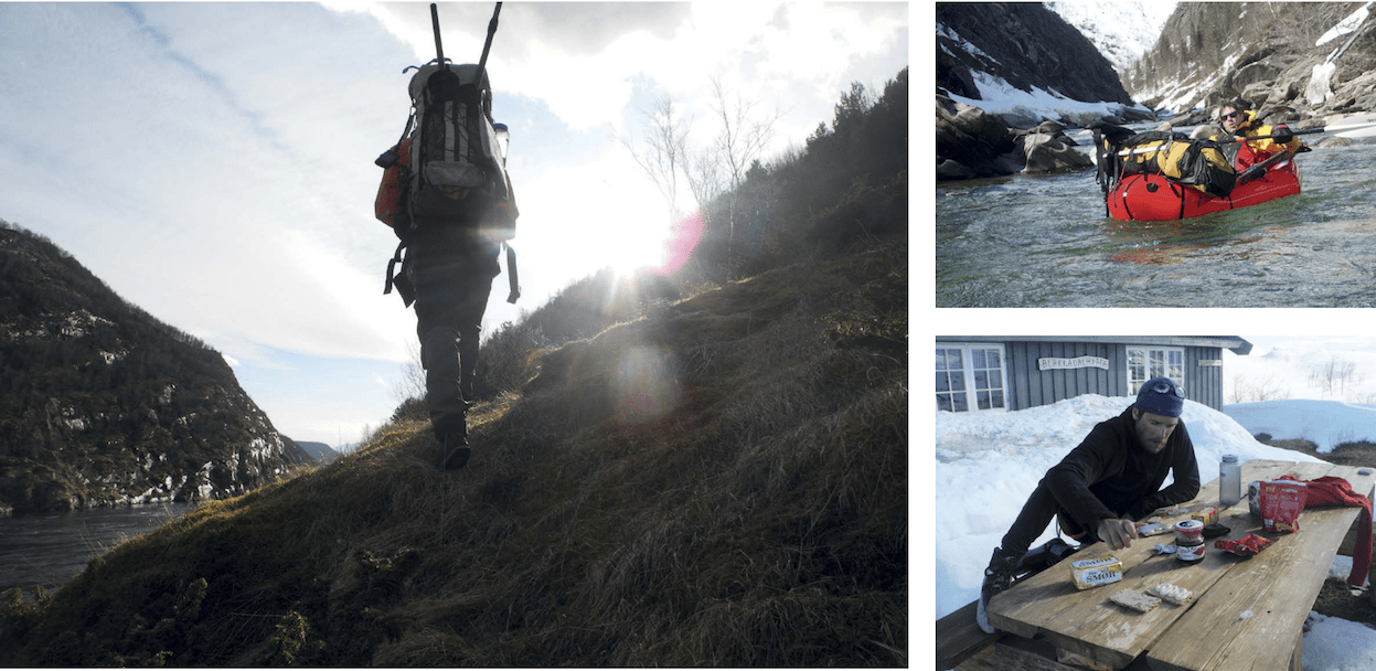 1 TRE I EN: Turen vår ble en n ekspedisjon, men en blanding av skitur, padling og fottur. 2 GODT KLEDD: Her gikk dessverre hele ekvipasjen rundt, men en tørrdrakt redder turdagen. Foto: Hilo Moreno 3. PAUSETID: Matpausene kan bli lange på ekspedisjon, men vi hadde ikke mer enn tida og veien på å rekke flyet i Bodø. Foto: Jose Mijares